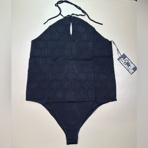 Future Collective Bodysuit Halter Knit Black Textured Snap 2X NWT